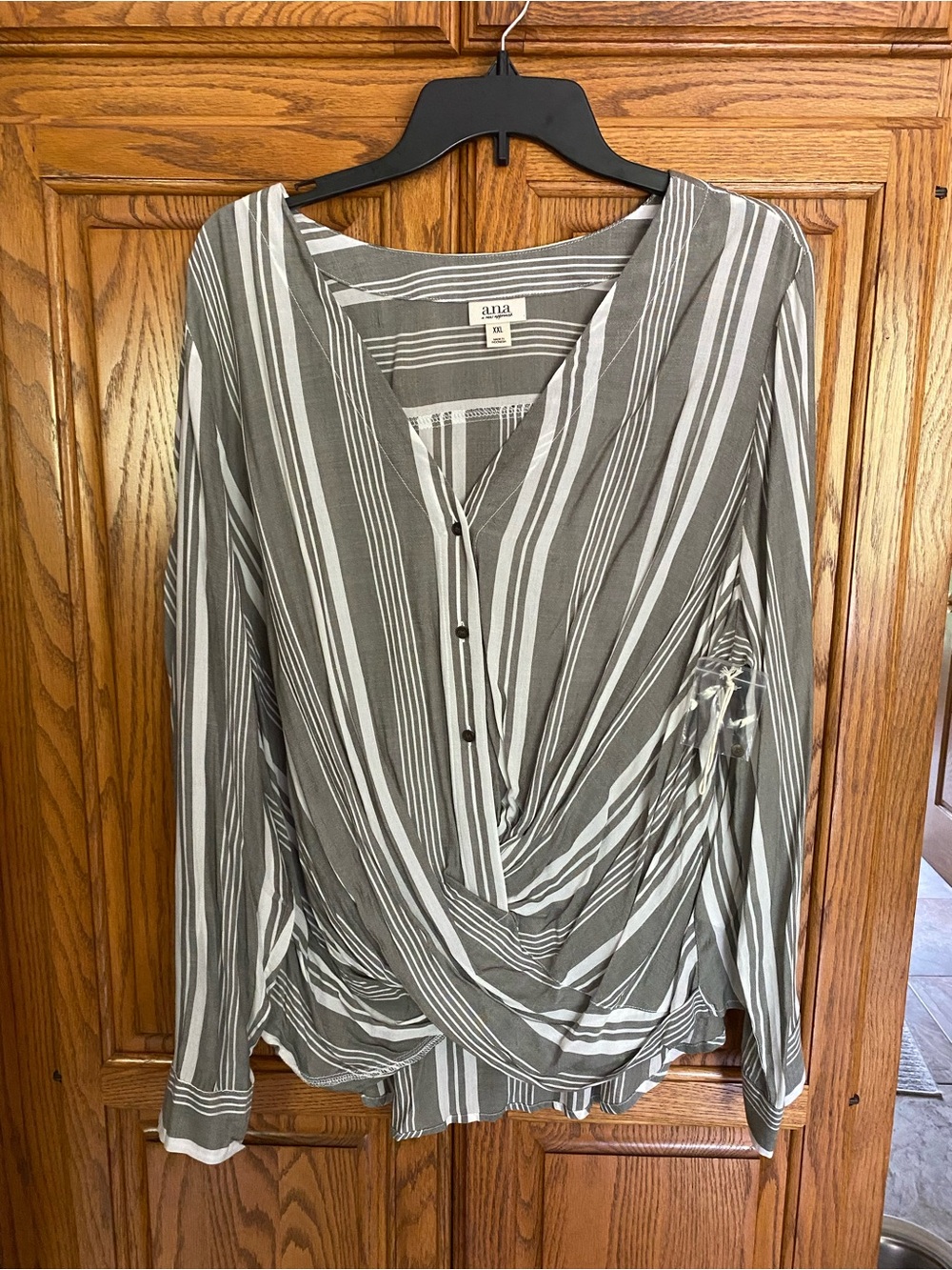 a.n.a Gray and White Striped Wrap-Front Blouse